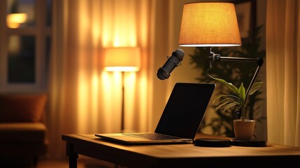 Home studio podcast interior. Microphone, laptop and on air lamp on the table