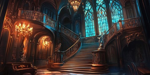 Obraz premium Ornate Staircase in a Grand Hallway with Stained Glass Windows