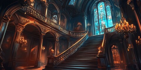 Fototapeta premium Grand Staircase in an Ornate Palace with a Stained Glass Window