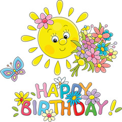 Birthday card with a happy cartoony little Sun holding a beautiful bouquet of colorful flowers and a merry butterfly flying around, vector cartoon illustration on a white background