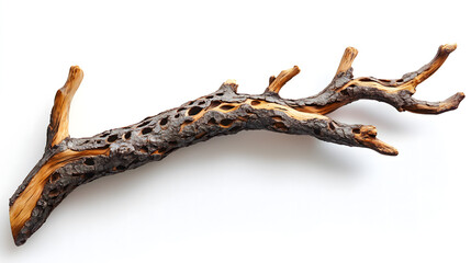 Fototapeta premium Unique Driftwood Piece with Intricate Hole Patterns Isolated on White