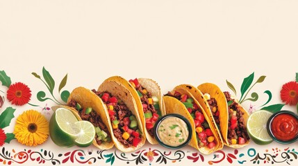Festive Mexican Food Display with Marigold Border and Papel Picado Frame for Text Space