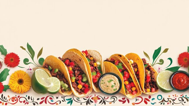 Festive Mexican Food Display with Marigold Border and Papel Picado Frame for Text Space