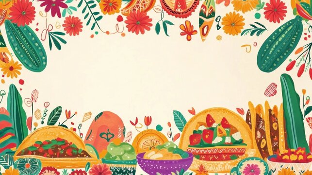 Festive Mexican Food Arrangement with Marigold Border and Papel Picado Frame on Beige Background