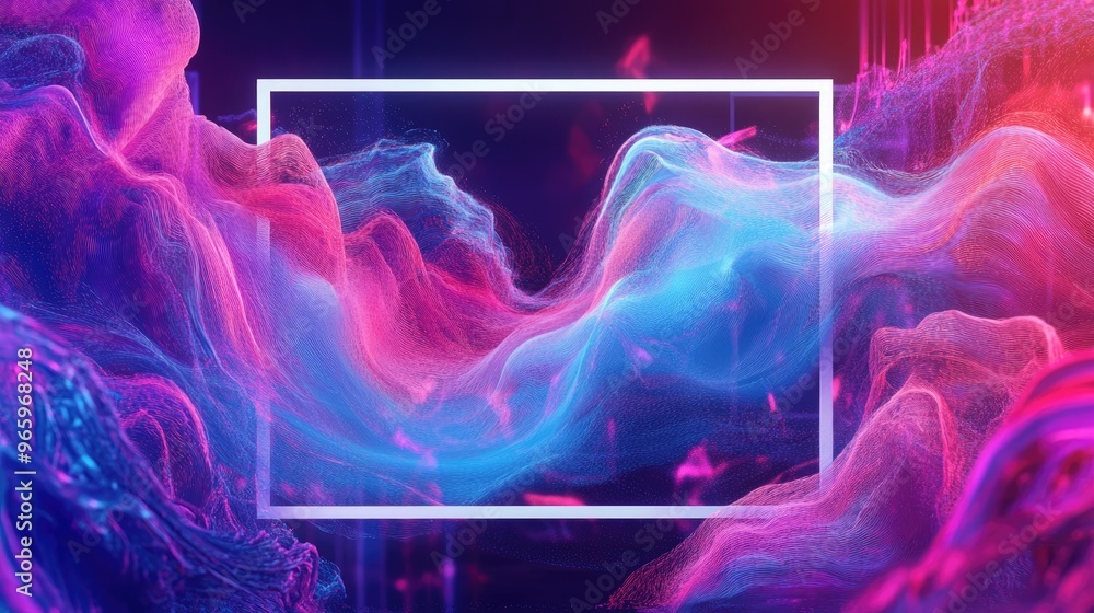 Poster vibrant abstract illustration depicting a digital realm with fluid elements a white frame and a digi