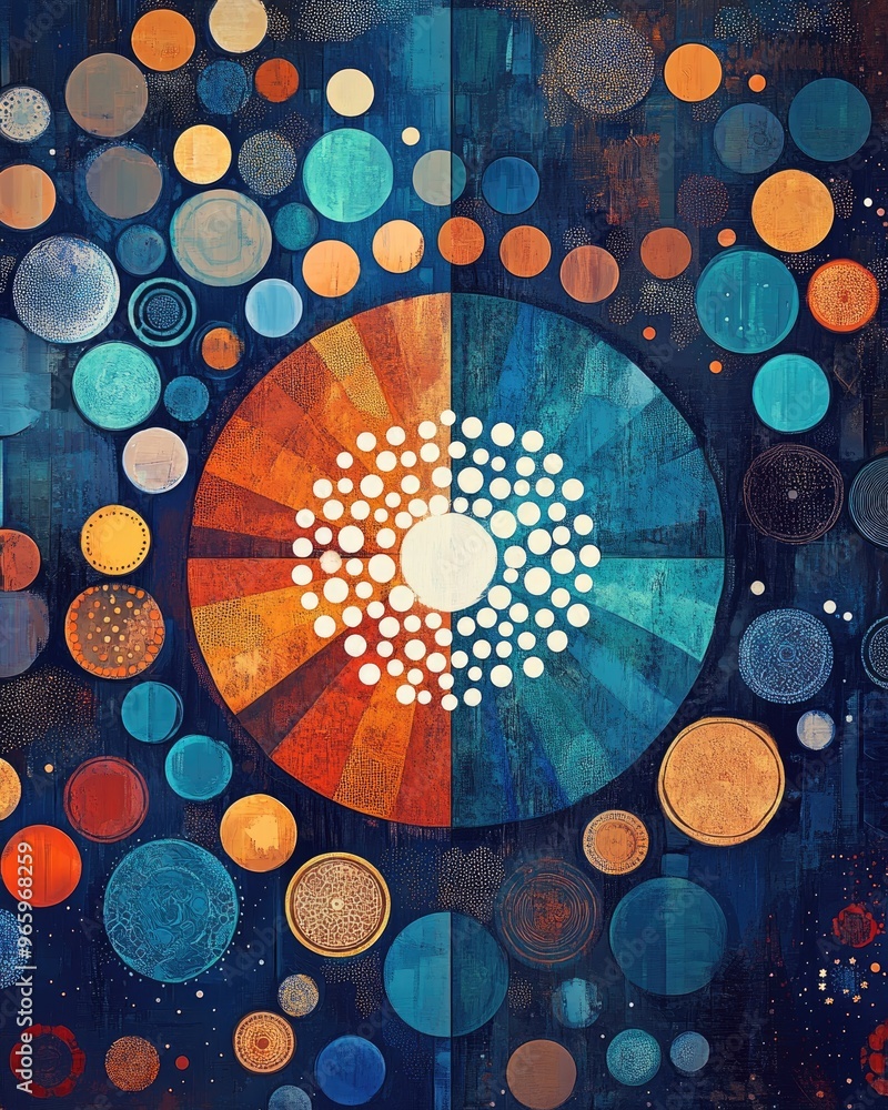 Poster a larger greater symbol filled with white dots stands out against a backdrop of dotted and circular 