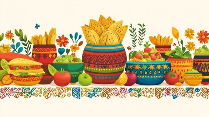 Fototapeta premium Vibrant Mexican Fiesta Food Display with Marigold Frame and Papel Picado Border on Beige Background for Custom Text Desi