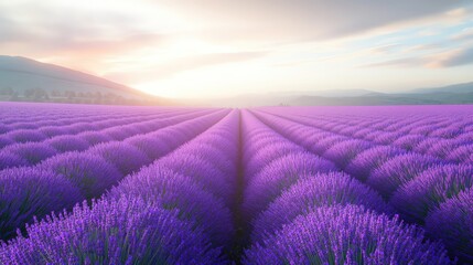 Obraz premium Serene landscape of vibrant lavender fields under a soft evening sky, perfect for relaxation and nature-themed backgrounds.