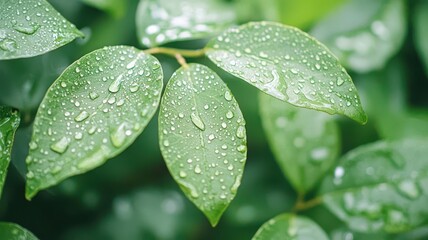 Fototapeta premium A close-up of raindrops on leaves in a lush green forest after a rainstorm