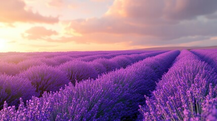 Obraz premium A breathtaking lavender field at sunset, showcasing vibrant purple blooms under a colorful sky. A serene natural landscape.