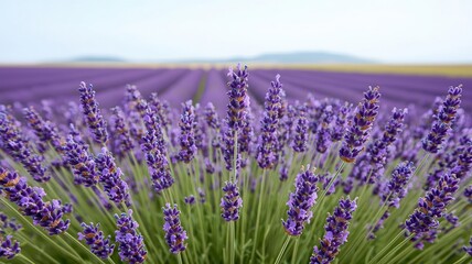 Naklejka premium A field of lavender in full bloom, with a clear blue sky and gentle breeze