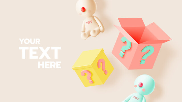 Creative Art Toy Figures with Mystery Boxes on Beige Background with Space for Text