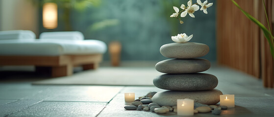 Relaxing Spa Ambiance with Zen Stones on a Wooden Tray