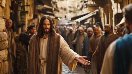 Fototapeta premium Jesus christ extending hand in welcome in jerusalem street