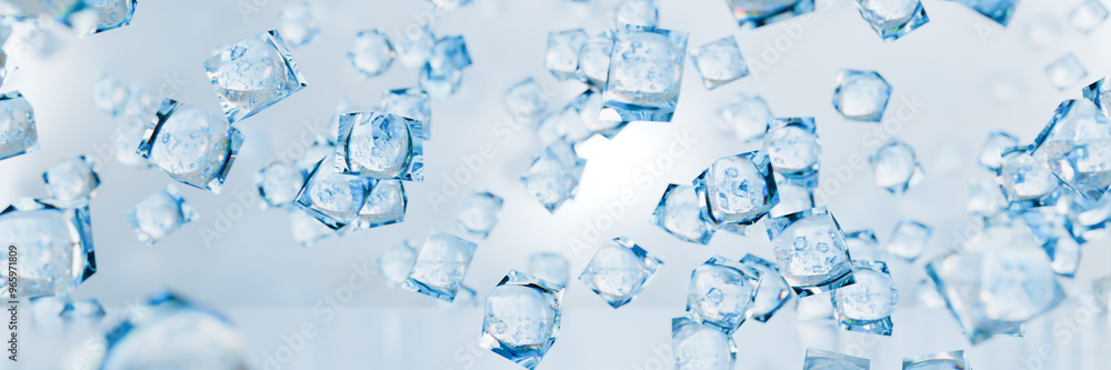 Poster abstract image of floating ice cubes, evoking a refreshing fee. 3d rendering