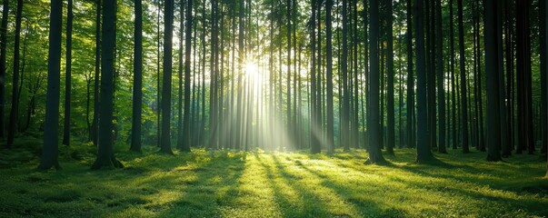 Obraz premium A peaceful forest with sunlight streaming through the trees, creating a dappled effect