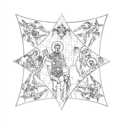 Obraz premium Alexander Nevsky (name english). Cross dome with 4 apostles, angels and seraphim. Coloring page in Byzantine style