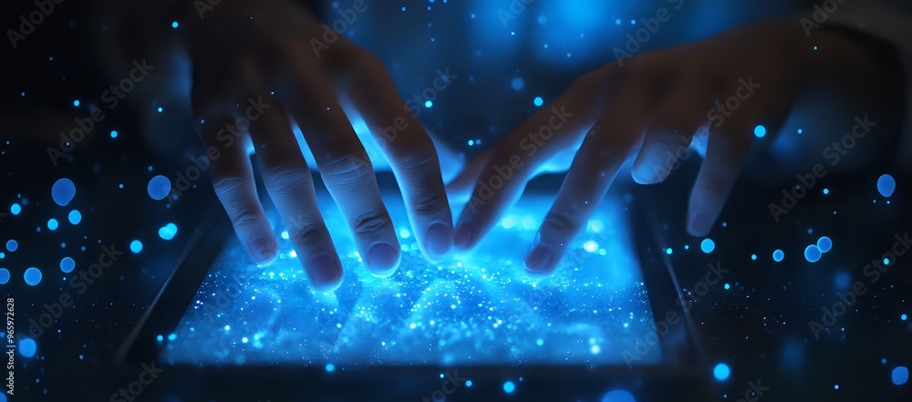 Poster Abstract image of hands touching a glowing blue surface with bokeh lights.