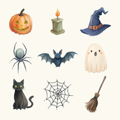 Obraz premium Halloween elements Spooky icons collection Pumpkin black cat spider ghost