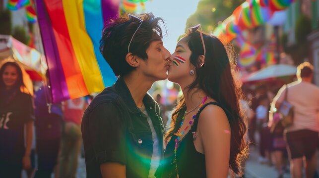 LGBTQ couple kissing under a rainbow flag at a festive Pride event