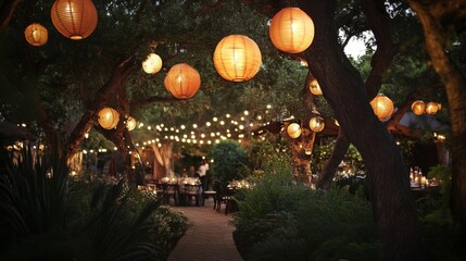 Obraz premium Lanterns illuminate the garden branches, creating a warm, inviting atmosphere for evening celebrations