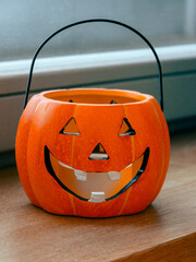 focus on a Jack o Lantern halloween pumpkin decoration