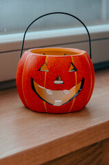 focus on a Jack o Lantern halloween pumpkin decoration