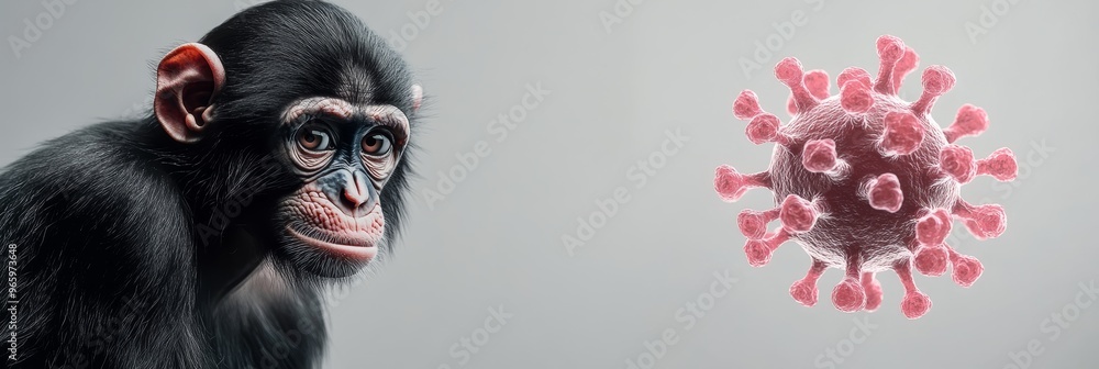Poster chimpanzee next to a large red virus particle of monkeypox, illustrating viral danger and contagious