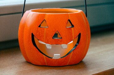 focus on a Jack o Lantern halloween pumpkin decoration