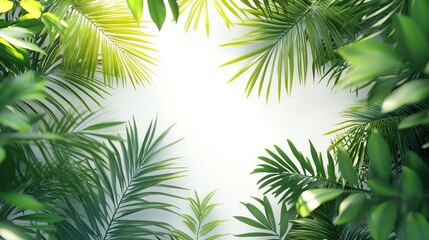Obraz premium Lush tropical foliage framing a bright, serene background, perfect for nature-themed projects or relaxation spaces.