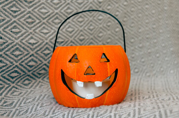 focus on a Jack o Lantern halloween pumpkin decoration