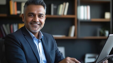Fototapeta premium happy mid age indian business man professional ceo using tablet computer smiling and looking at the camera seated at office desk