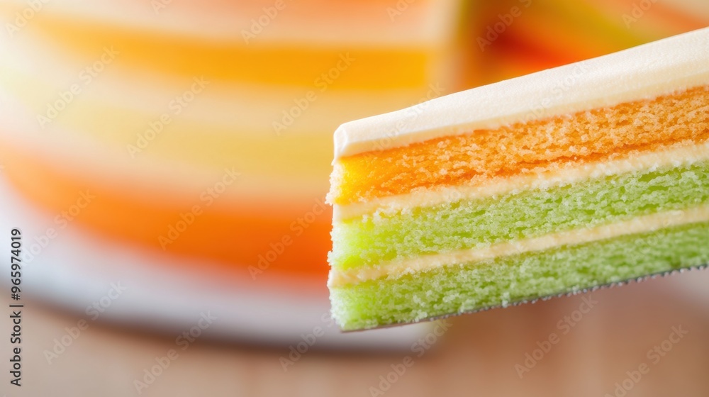 Canvas Prints A close up of a slice of cake with orange, yellow and green stripes, AI