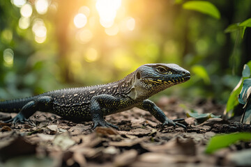 Obraz premium Monitor lizard crawling across a sunlit forest floor 