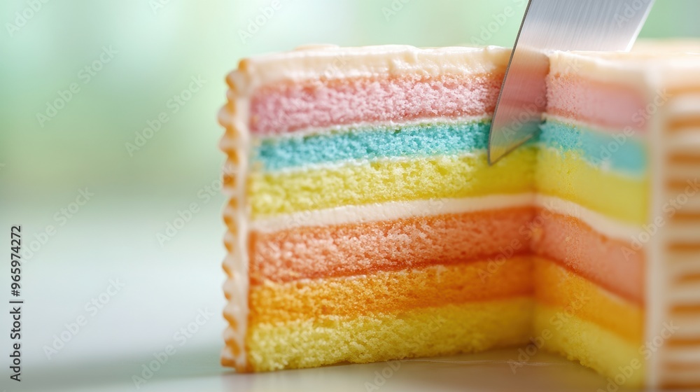 Wall mural A slice of a rainbow cake with knife in it, AI