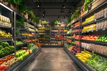 Fototapeta premium Vibrant grocery store aisle with an array of fresh produce and wholesome foods