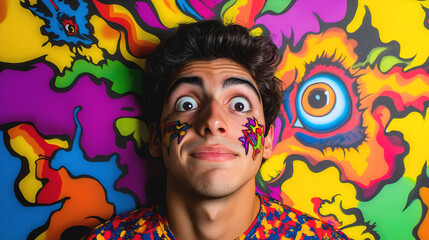 Young man with vibrant face paint smiling in front of a colorful psychedelic mural, radiating...