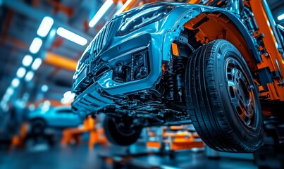 Fototapeta premium Abstract Automotive Production Line in Blue and Orange. Industrial Car Manufacturing Process Highlighting Modern Technology and Efficiency. Ideal for Automotive Marketing Campaigns and 4K Industrial W