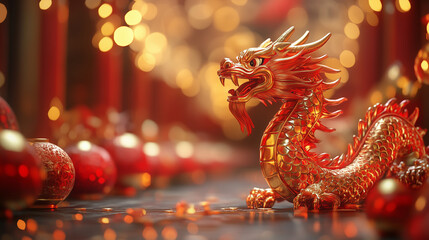 Fototapeta premium dragon stronger stone or jade lamp china line Beautiful walkway holiday Focus stacking, 3d rendering illustration background for happy chinese new year 2025 the dragon zodiac sign with red and gold 