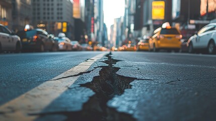 long crack in a busy city road caused by an earthquake depicting the destruction and damage to urban infrastructure blurry background illustrating the effects of the disaster
urban street scene with a