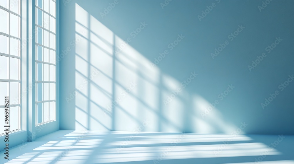 Poster minimalistic background in light blue with soft window shadows perfect for product presentation conc