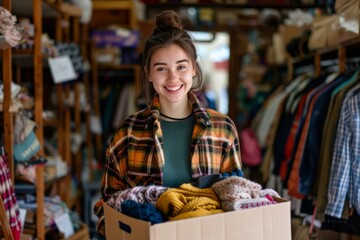Fototapeta premium Cheerful young woman holding a box of donated items in a thrift store