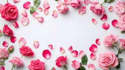 blooming pink roses and petals arranged on a white table background forming a decorative floral frame perfect for a web banner with empty space flat lay top view