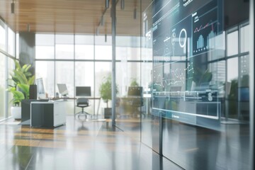 Sophisticated office environment with transparent screen showing swot analysis