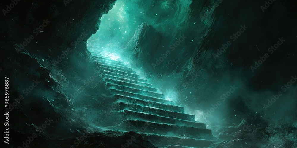 Poster Glowing Green Staircase Leading Upwards in a Dark Cave