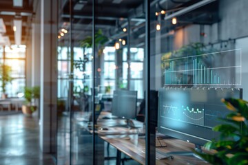 Sophisticated office environment with transparent screen showing swot analysis