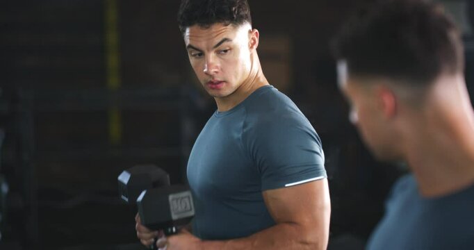 Dumbbell, mirror or man weightlifting for arm strength development, muscle growth workout or fitness center challenge. Training, wellness or gym reflection of bicep curls, performance or bodybuilding
