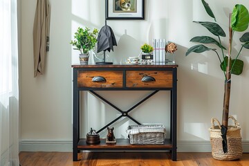 Black metal and wood console table with painting, gold figures, and vases, standing against a beige wall in a naturally lit room.
