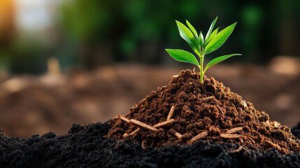 A vibrant young seedling sprouting in dark, organic soil, symbolizing growth, renewal, and a fresh start in nature.