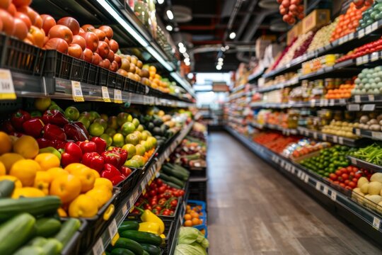 Vibrant grocery store aisle with an array of fresh produce and wholesome foods